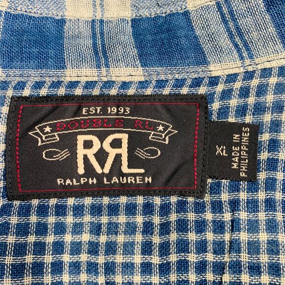 RRL by RALPH LAUREN Size XL Blue Cream Plaid Cotton Long Sleeve Shirt - Picture 9 of 10